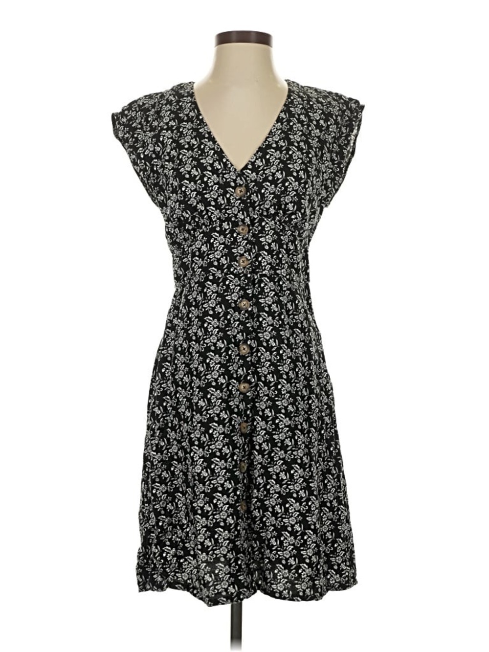 LOFT Black & White Floral Button-Front Midi Dress